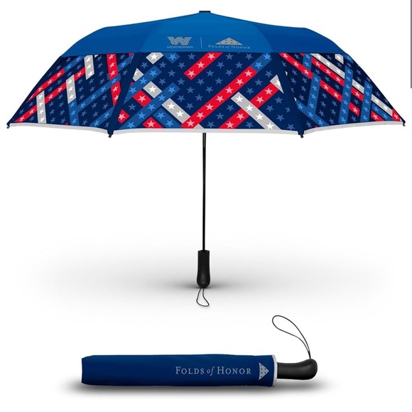 Weatherman Umbrella Folds of Honor Compact Collapsible Windproof Stars Stripes - Picture 1 of 3
